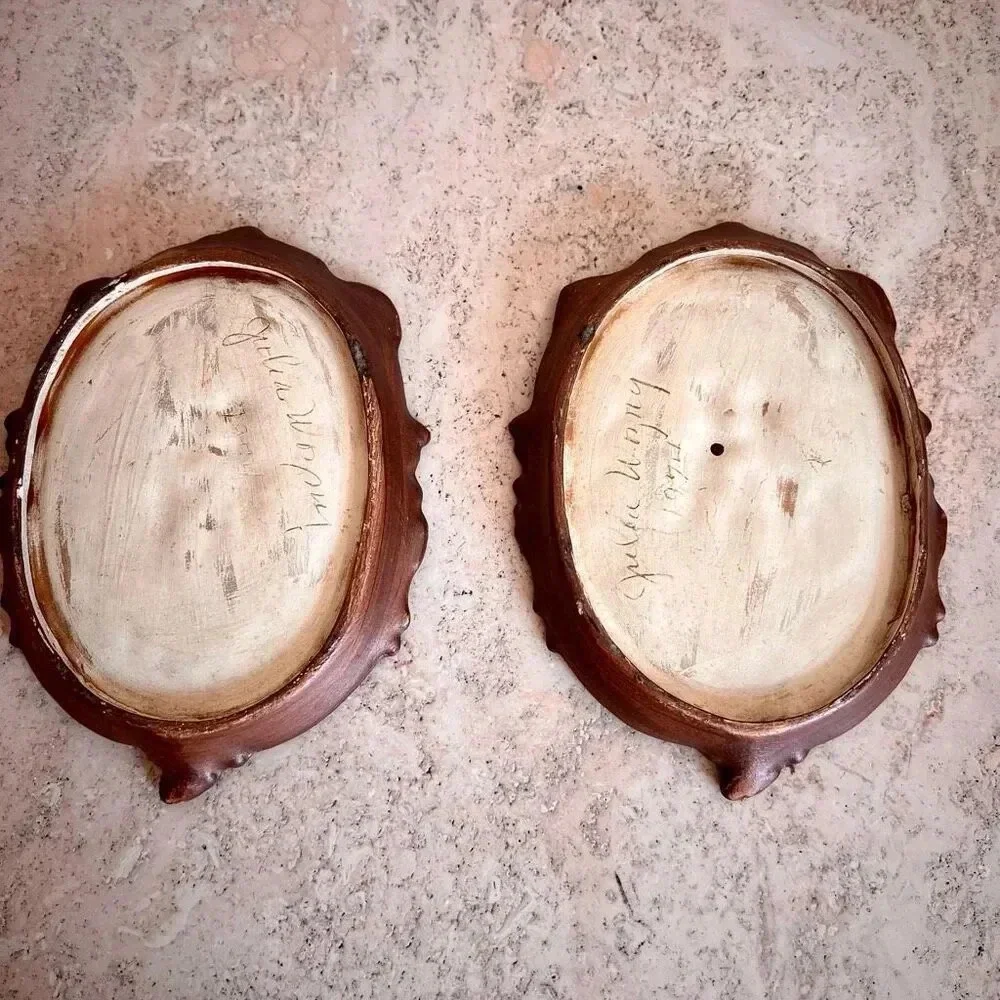 Lot of 2 Vintage 70s Womens Brown Midcentury Ceramic Carved Wall Plaque Decor Sm